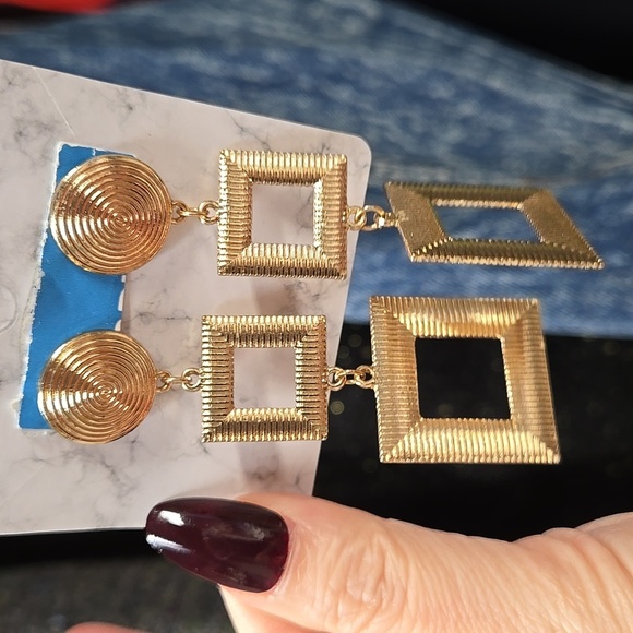 Gold Tone Geometric Drop Earrings - Picture 6 of 7